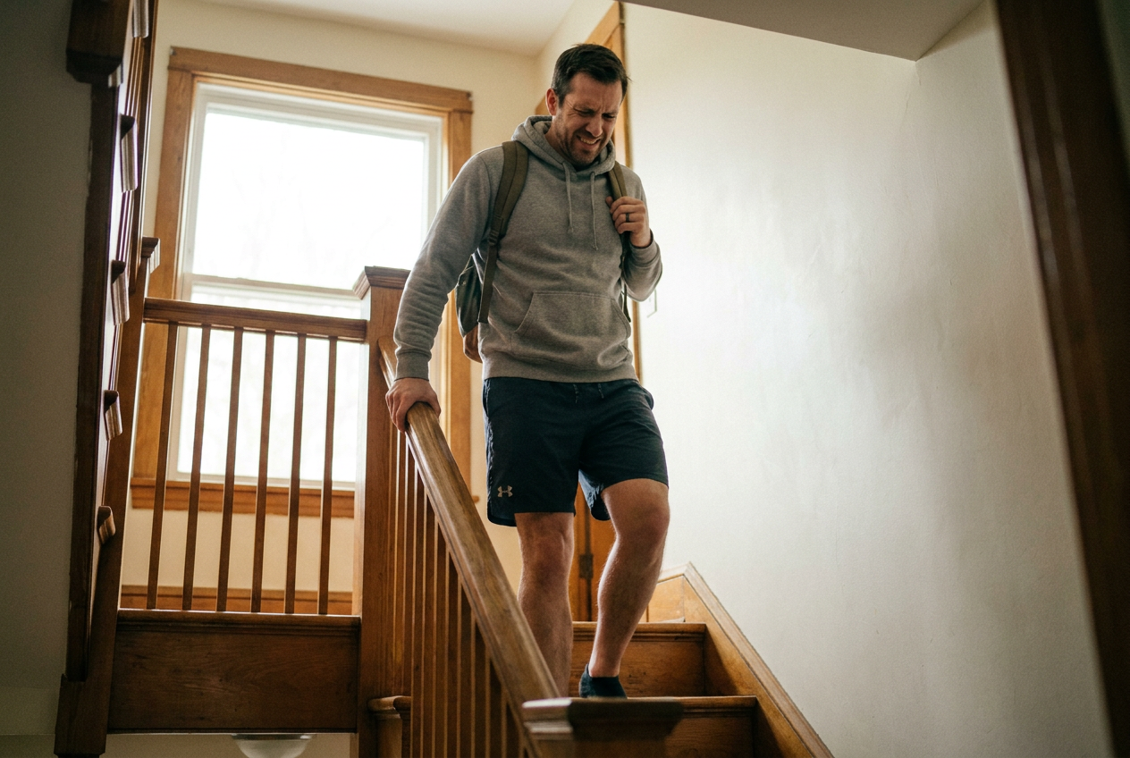 Sore lifter walking down stairs after legs