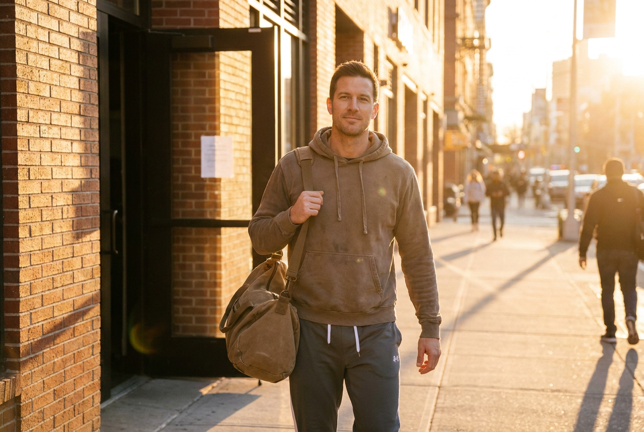 Recovered lifter leaving gym at golden hour